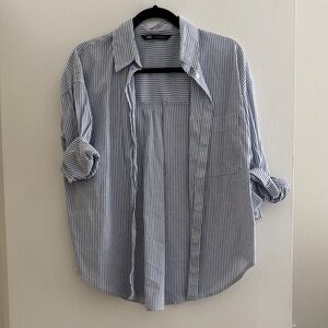 Zara Blue and White Striped Button-Down Shirt